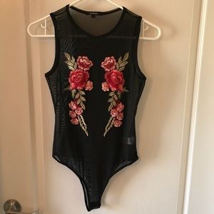 Sexy black mesh body suit with embroidered roses